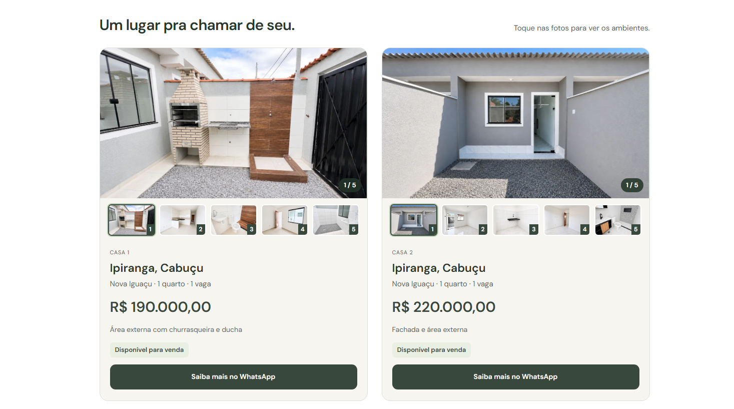 Página de imóveis com duas casas disponíveis da Dona Imóveis